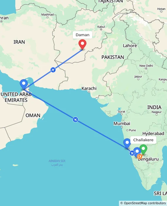 Route map showing distance and travel time from Challakere, India to Daman, Afghanistan