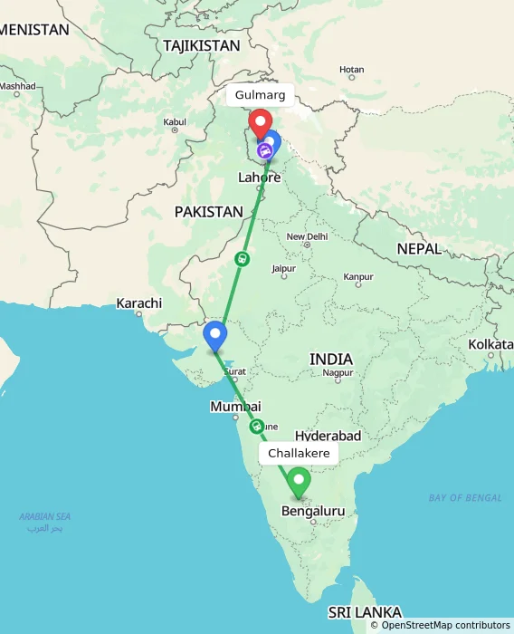 Route map showing distance and travel time from Challakere, India to Gulmarg, India