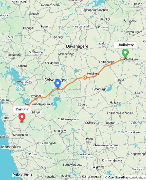 Route map showing distance and travel time from Challakere, India to Karkala, India