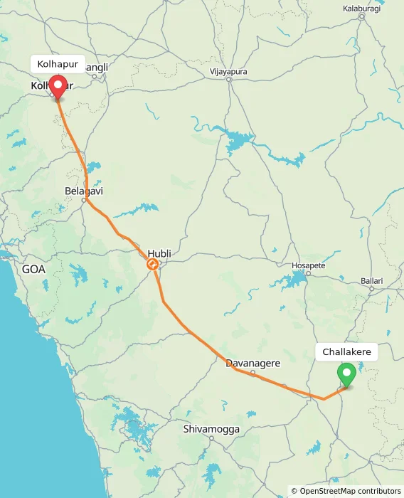 Route map showing distance and travel time from Challakere, India to Kolhapur, India