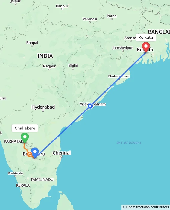 Route map showing distance and travel time from Challakere, India to Kolkata, India