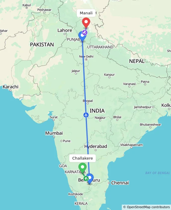 Route map showing distance and travel time from Challakere, India to Manali, India