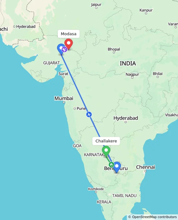 Route map showing distance and travel time from Challakere, India to Modasa, India