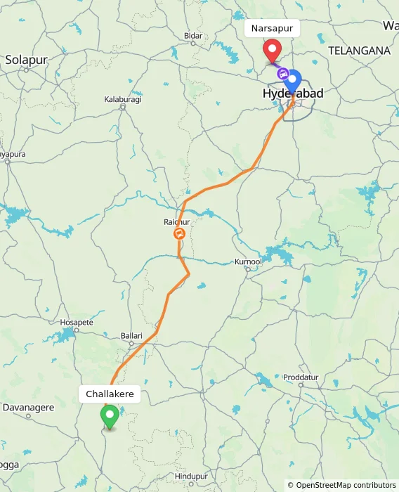 Route map showing distance and travel time from Challakere, India to Narsapur, India