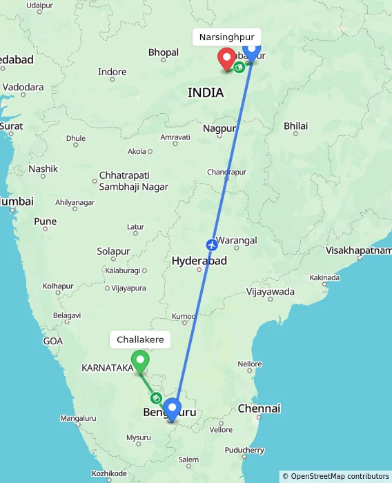 Route map showing distance and travel time from Challakere, India to Narsinghpur, India
