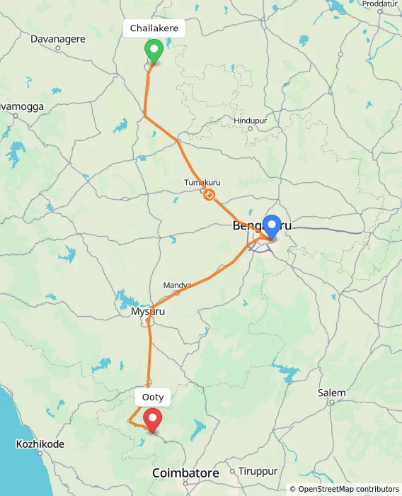Route map showing distance and travel time from Challakere, India to Ooty, India