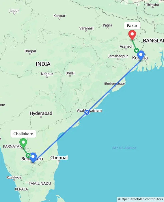 Route map showing distance and travel time from Challakere, India to Pakur, India