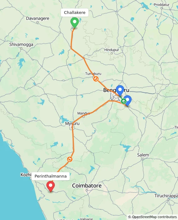 Route map showing distance and travel time from Challakere, India to Perinthalmanna, India