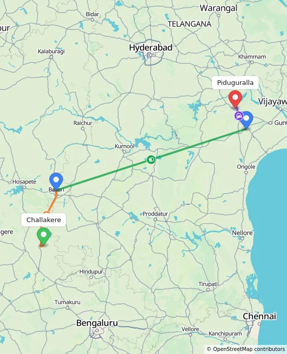 Route map showing distance and travel time from Challakere, India to Piduguralla, India
