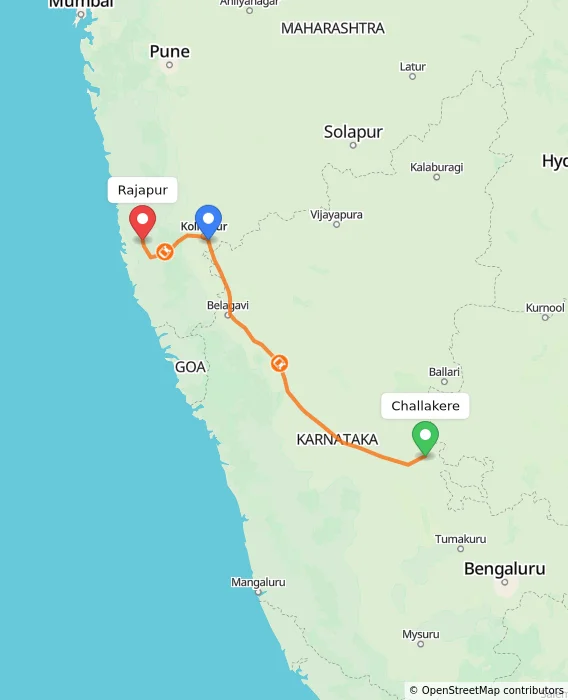 Route map showing distance and travel time from Challakere, India to Rajapur, India