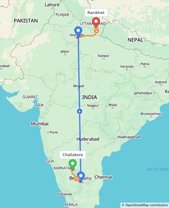 Route map showing distance and travel time from Challakere, India to Ranikhet, India