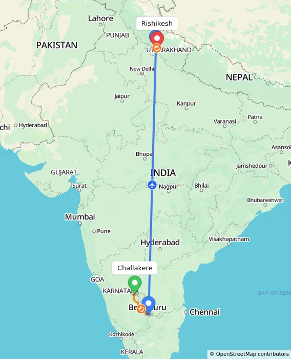 Route map showing distance and travel time from Challakere, India to Rishikesh, India
