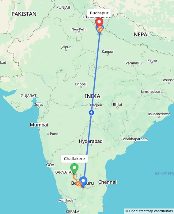 Route map showing distance and travel time from Challakere, India to Rudrapur, India