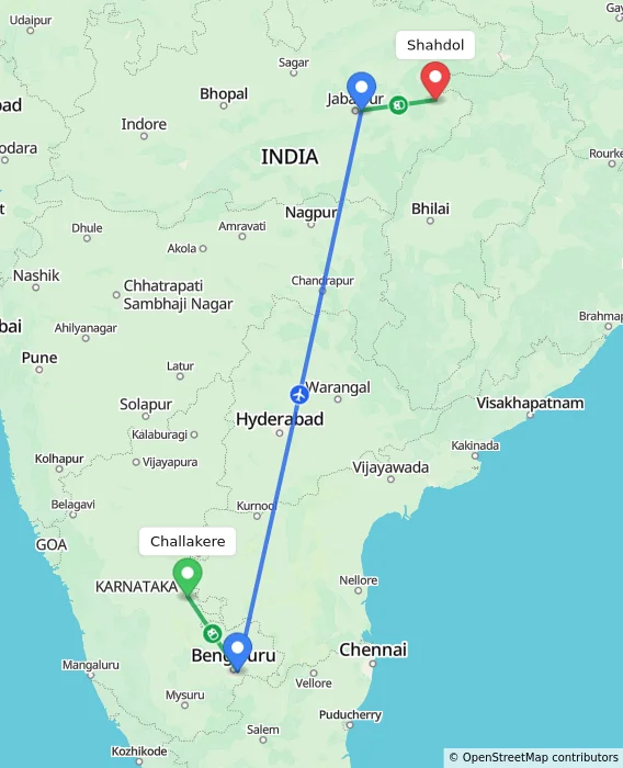Route map showing distance and travel time from Challakere, India to Shahdol, India