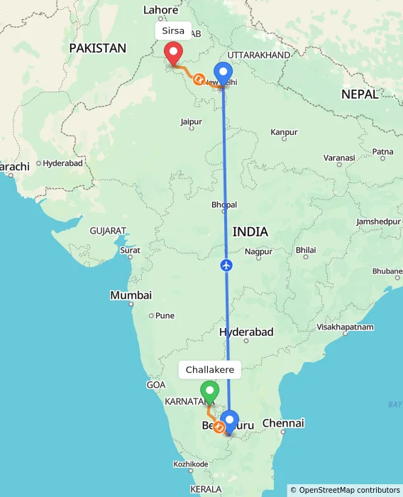 Route map showing distance and travel time from Challakere, India to Sirsa, India