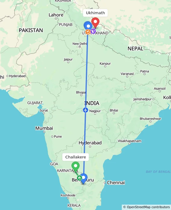 Route map showing distance and travel time from Challakere, India to Ukhimath, India