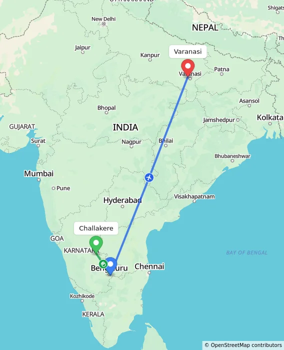 Route map showing distance and travel time from Challakere, India to Varanasi, India