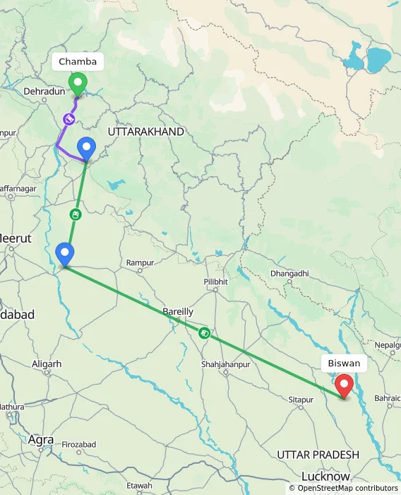 Route map showing distance and travel time from Chamba, India to Biswan, India