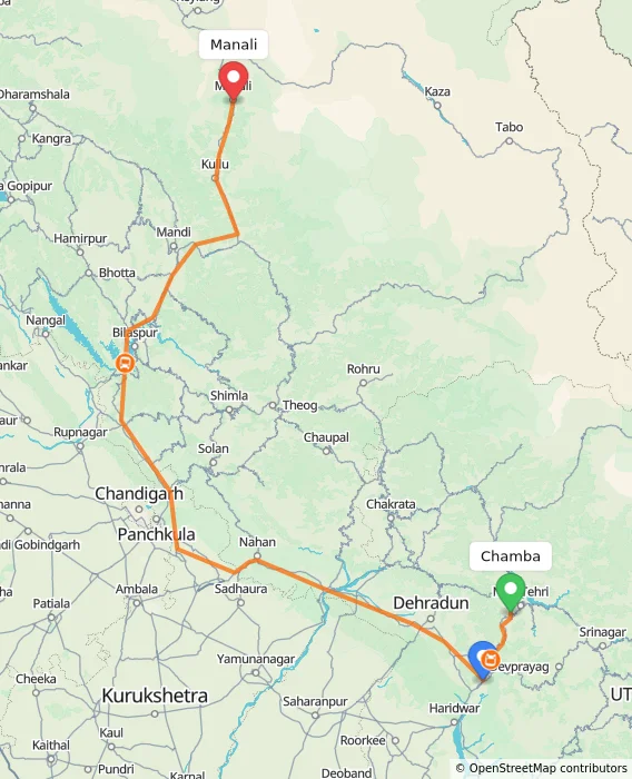 Route map showing distance and travel time from Chamba, India to Manali, India