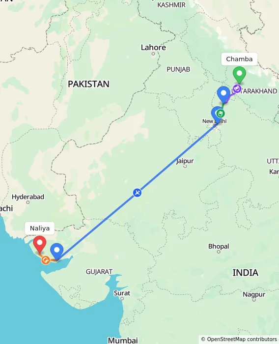 Route map showing distance and travel time from Chamba, India to Naliya, India