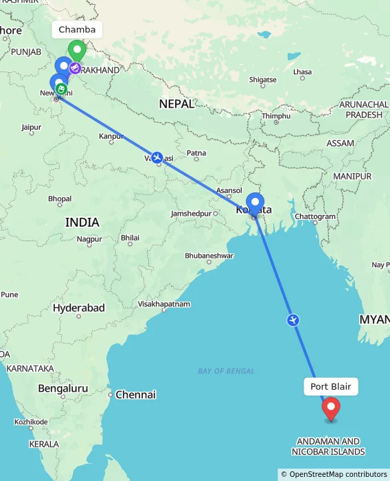 Route map showing distance and travel time from Chamba, India to Port Blair, India