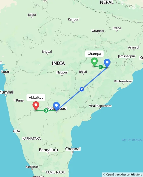 Route map showing distance and travel time from Champa, India to Akkalkot, India