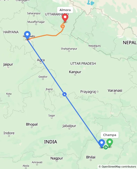 Route map showing distance and travel time from Champa, India to Almora, India