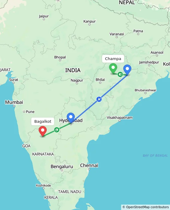 Route map showing distance and travel time from Champa, India to Bagalkot, India