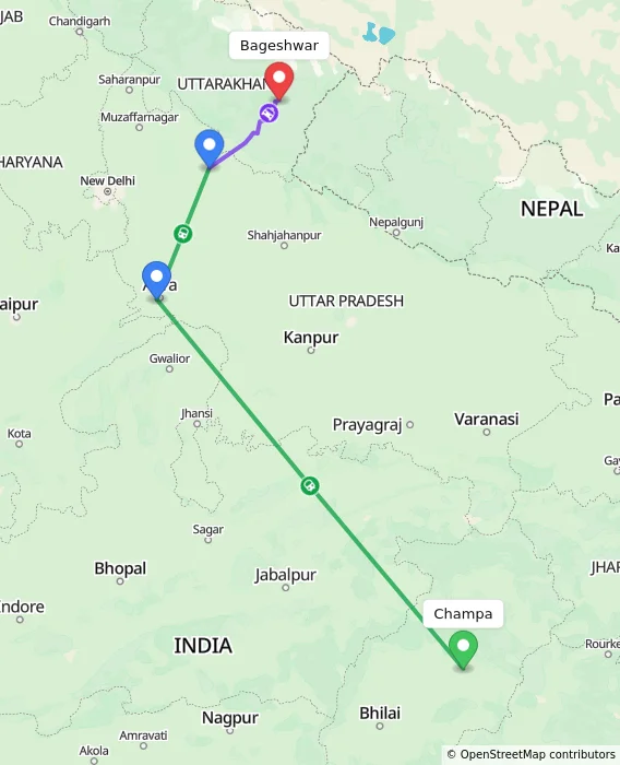 Route map showing distance and travel time from Champa, India to Bageshwar, India