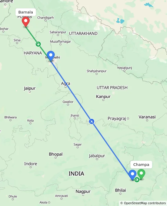 Route map showing distance and travel time from Champa, India to Barnala, India