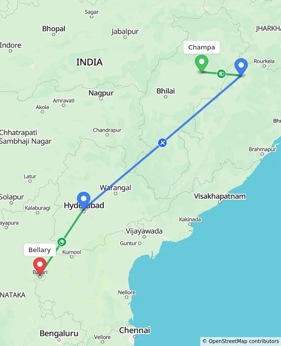 Route map showing distance and travel time from Champa, India to Bellary, India