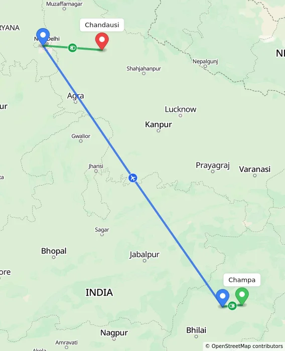 Route map showing distance and travel time from Champa, India to Chandausi, India