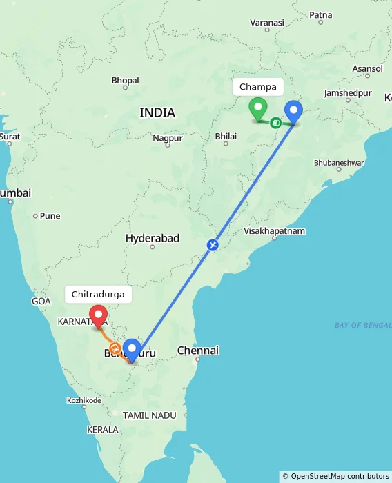 Route map showing distance and travel time from Champa, India to Chitradurga, India
