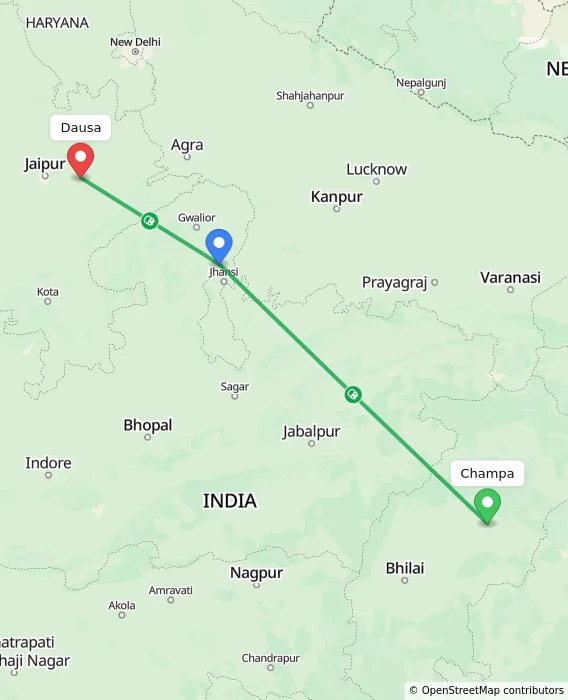 Route map showing distance and travel time from Champa, India to Dausa, India