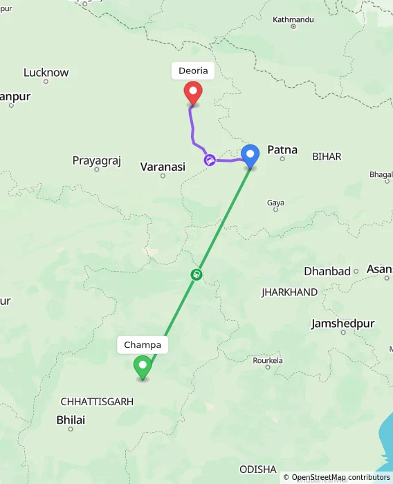 Route map showing distance and travel time from Champa, India to Deoria, India
