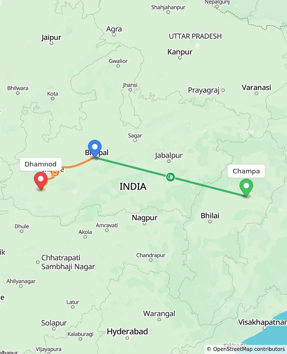 Route map showing distance and travel time from Champa, India to Dhamnod, India