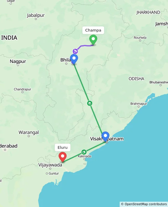 Route map showing distance and travel time from Champa, India to Eluru, India