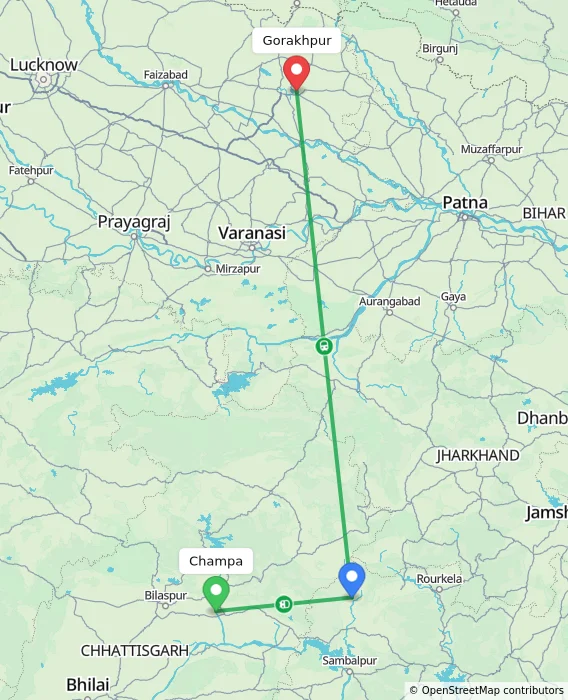 Route map showing distance and travel time from Champa, India to Gorakhpur, India