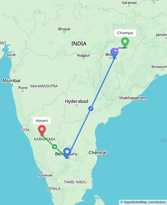 Route map showing distance and travel time from Champa, India to Haveri, India