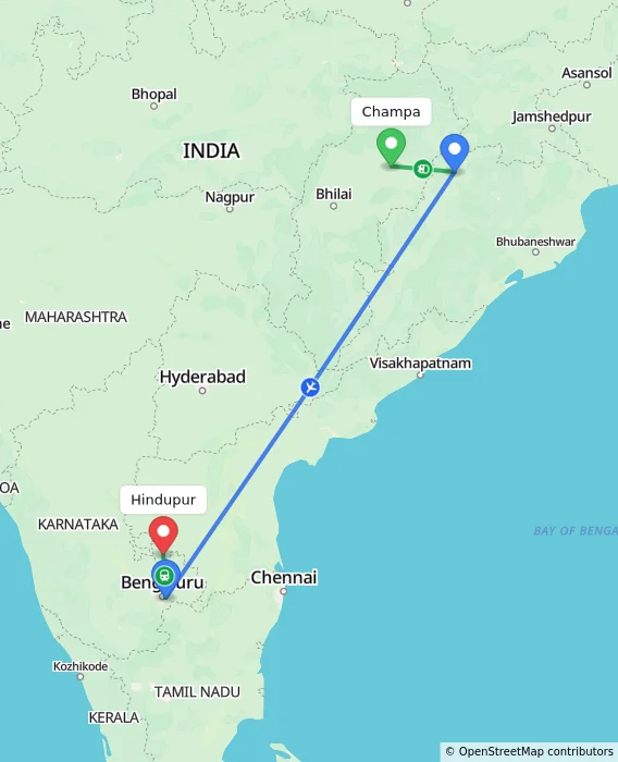 Route map showing distance and travel time from Champa, India to Hindupur, India