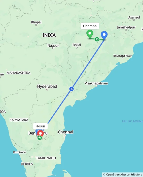 Route map showing distance and travel time from Champa, India to Hosur, India