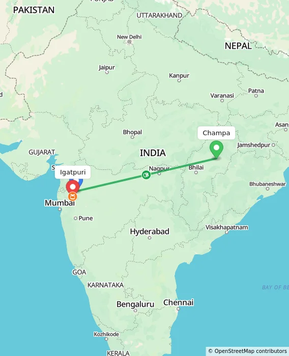 Route map showing distance and travel time from Champa, India to Igatpuri, India