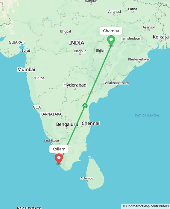 Route map showing distance and travel time from Champa, India to Kollam, India