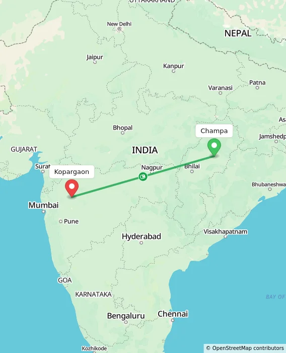 Route map showing distance and travel time from Champa, India to Kopargaon, India