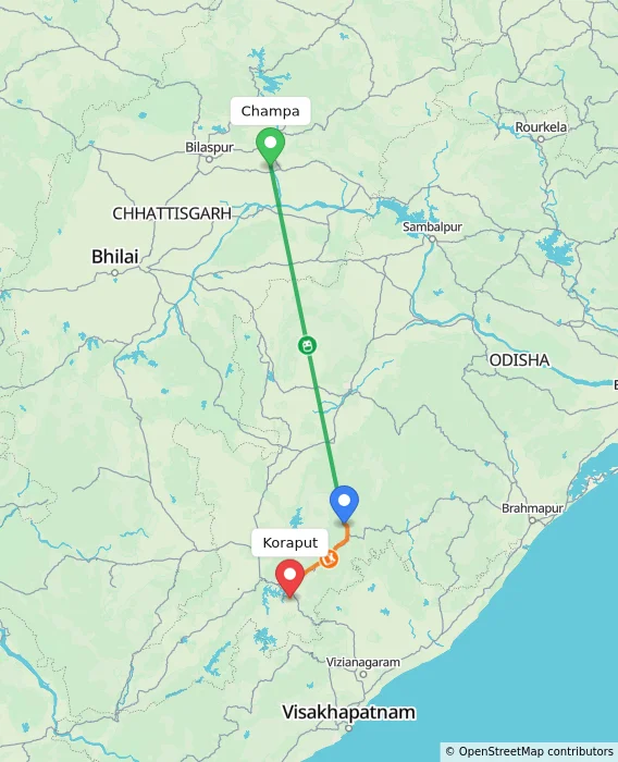 Route map showing distance and travel time from Champa, India to Koraput, India