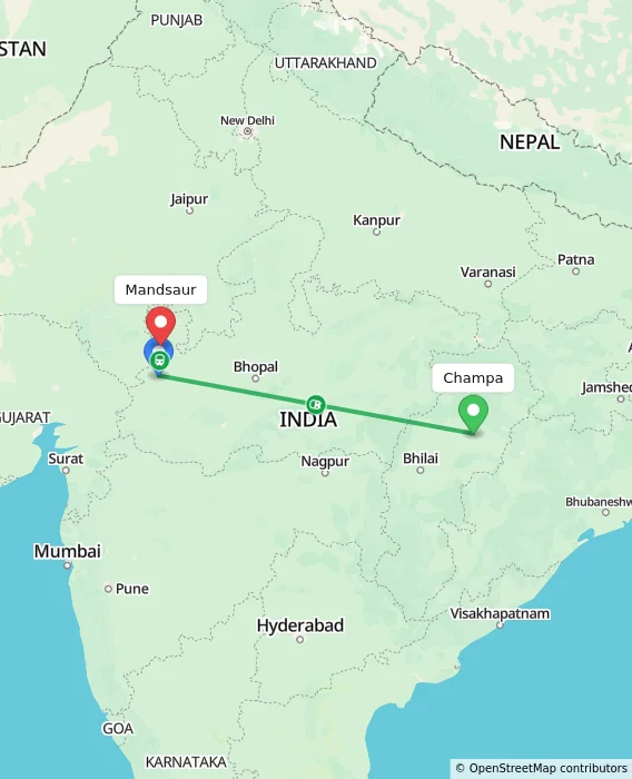Route map showing distance and travel time from Champa, India to Mandsaur, India