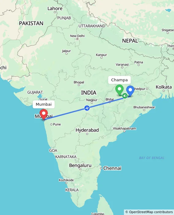 Route map showing distance and travel time from Champa, India to Mumbai, India
