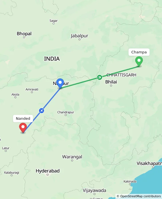 Route map showing distance and travel time from Champa, India to Nanded, India