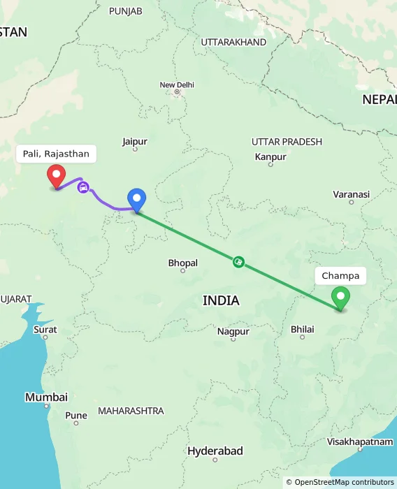Route map showing distance and travel time from Champa, India to Pali, Rajasthan, India