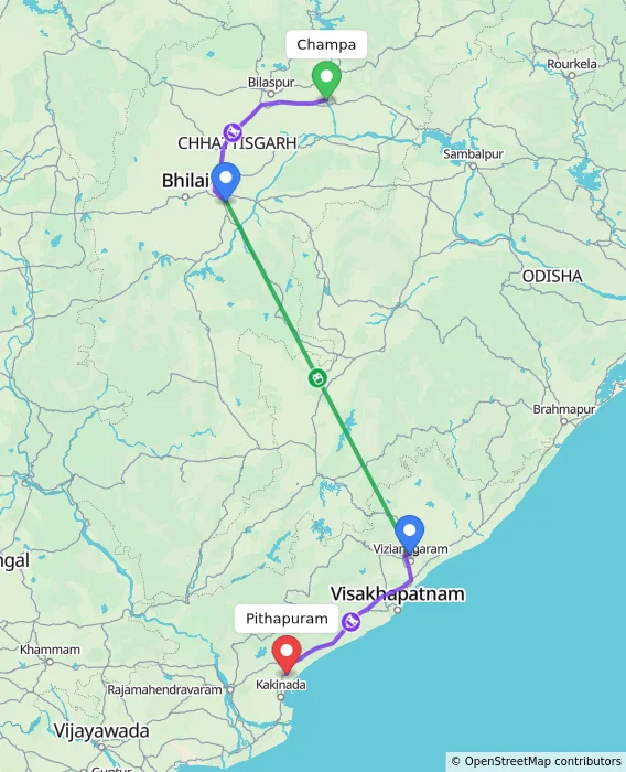 Route map showing distance and travel time from Champa, India to Pithapuram, India